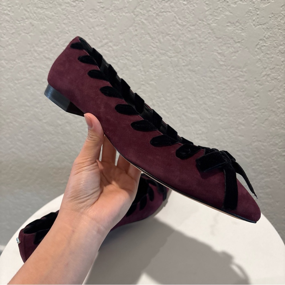 kate spade Burgundy Suede Pointed-Toe Flats with Black Ribbon Trim - Picture 11 of 12